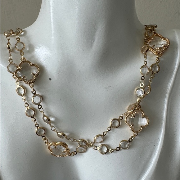 Piper K Gold Plated Necklace with Clover Clear Glass Stones 35in long